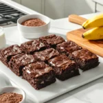 Bananas as Oil Substitute: A Healthier Alternative 24 Freshly baked vegan banana brownies with a rich, fudgy texture on a white plate in a modern kitchen, with natural light highlighting the chocolatey goodness.