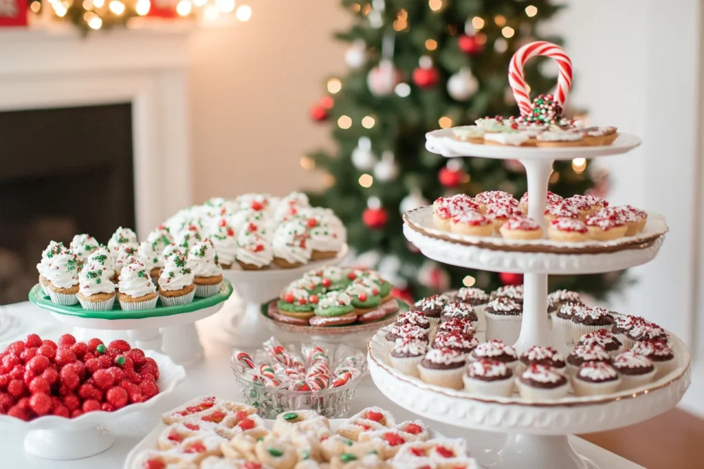 The Best Snacks for Christmas: Sweet and Savory Ideas 5 A festive Christmas snack display with themed platters, tiered stands, and a DIY hot cocoa bar, featuring colorful holiday treats in red, green, and white, served on decorative trays and bowls.