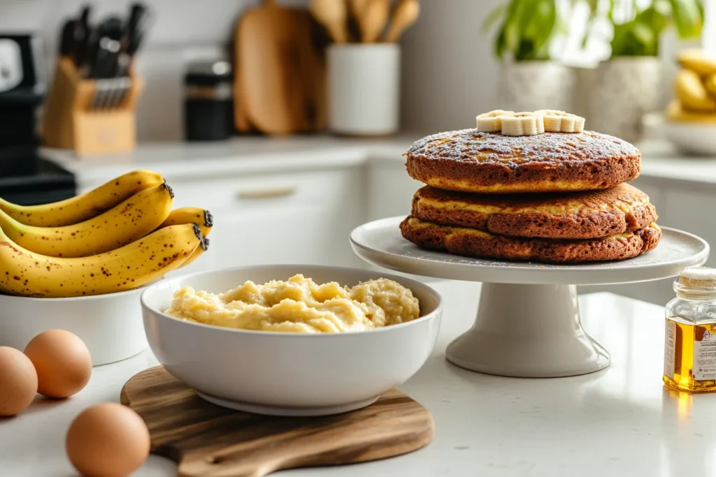 How to Use Bananas as a Substitute for Eggs and Oil in Baking 2 A modern white kitchen countertop displaying various banana substitute baked goods, including banana pancakes, banana cake, and brownies, with mashed bananas in a bowl, symbolizing the replacement of eggs and oil in baking.