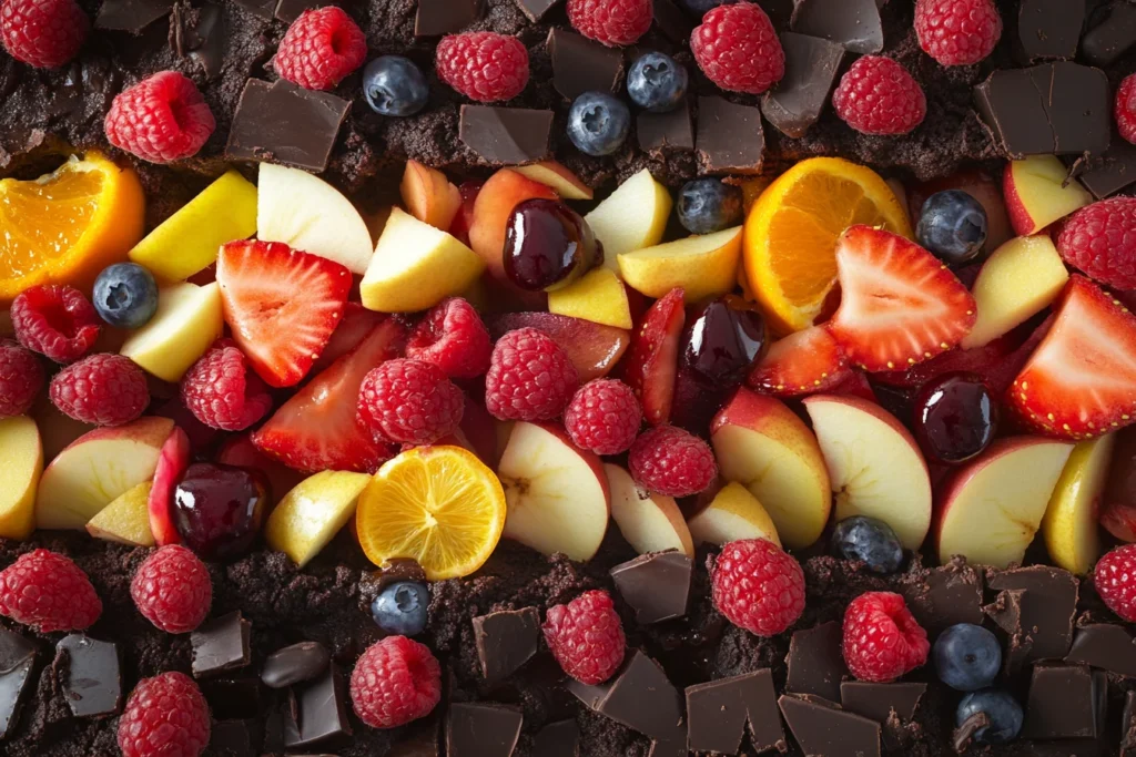 Add Fruit to Brownies for More Flavor & Moisture 5 Freshly baked chocolate brownies infused with strawberries, raspberries, blueberries, cherries, diced apples, and pears. A sliced piece reveals a moist texture with mashed banana, while a sprinkle of orange and lemon zest adds a bright citrus touch. The combination of rich chocolate and fresh fruit creates a visually stunning and flavorful dessert.