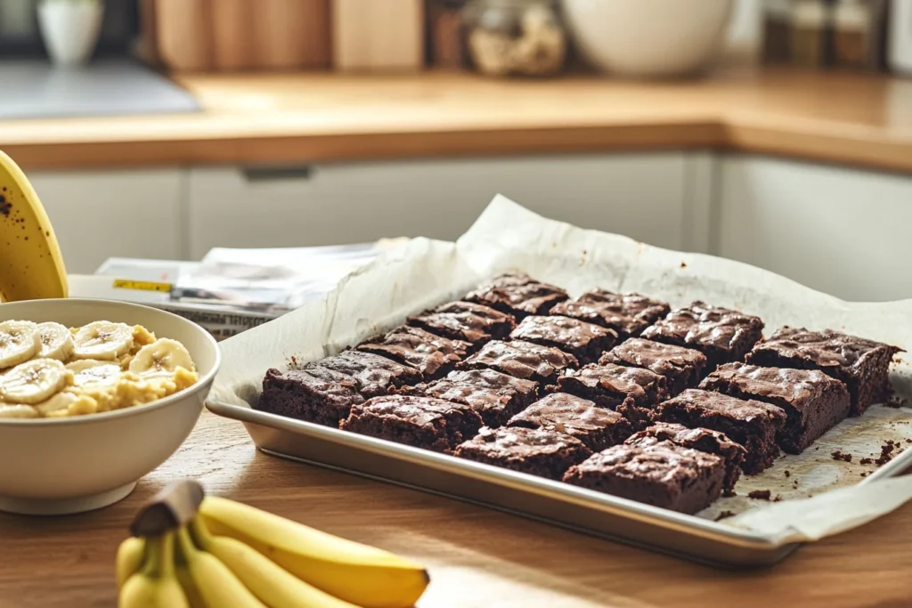 Bananas as Oil Substitute: A Healthier Alternative 20 Fresh bananas and a tray of moist, fudgy brownies on a wooden countertop, highlighting bananas as oil substitute for healthier baking