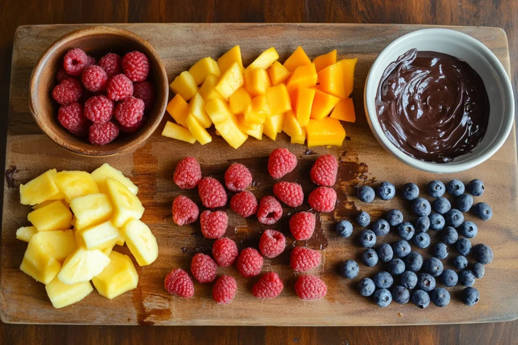 Add Fruit to Brownies for More Flavor & Moisture 3 A wooden cutting board with an assortment of fruits, including raspberries, blueberries, sliced strawberries, pitted cherries, diced peaches, mashed banana, orange zest, and small chunks of pineapple and mango, prepared for brownie mixing. The display emphasizes the variety of flavors and textures that can enhance chocolate desserts