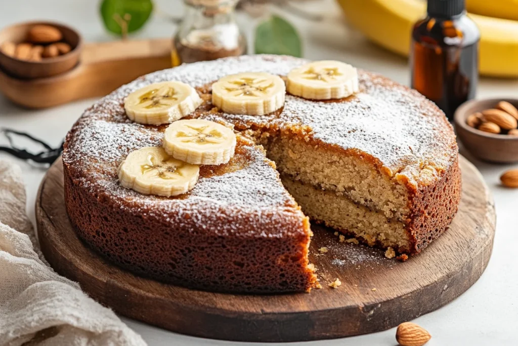 How to Use Bananas as a Substitute for Eggs and Oil in Baking 9 Moist banana substitute cake with a dense texture, lightly dusted with powdered sugar and topped with banana slices, placed on a rustic wooden board.