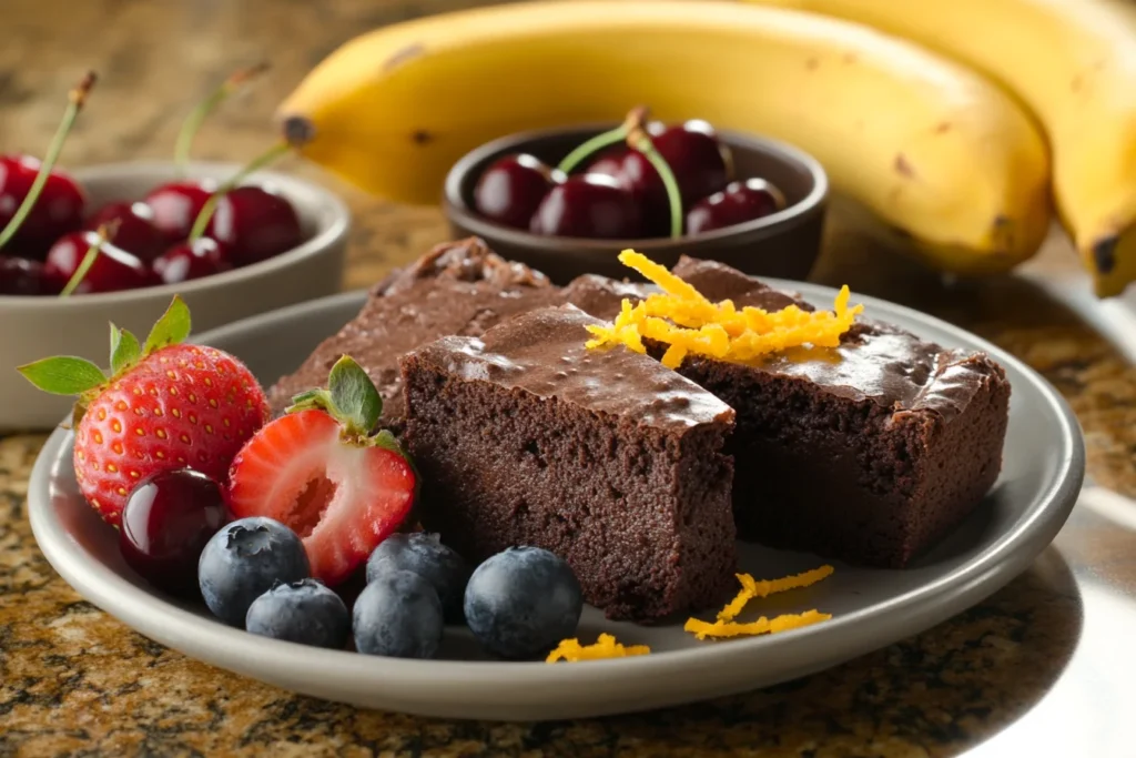 Add Fruit to Brownies for More Flavor & Moisture 2 A plate of rich, chocolate brownies infused with fresh fruit, including strawberries, raspberries, blueberries, and bananas. A sliced brownie reveals a moist texture, while a sprinkle of orange zest adds a citrusy contrast. The scene showcases how adding fruit enhances both the flavor and visual appeal of brownies.