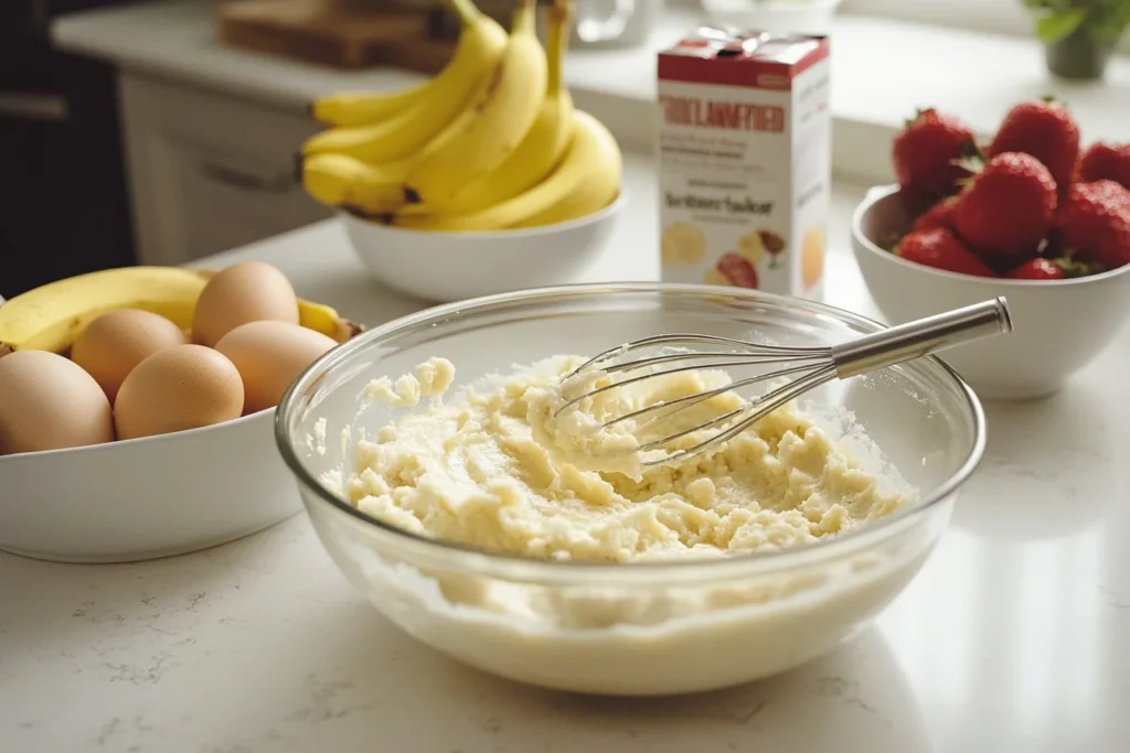 How to Use Bananas as a Substitute for Eggs and Oil in Baking 3 A warm kitchen setting with banana-based baked goods, including muffins and cake, alongside a bowl of mashed bananas. A carton of eggs and a bottle of oil are set aside, symbolizing the use of a banana substitute for dietary-friendly and plant-based baking.