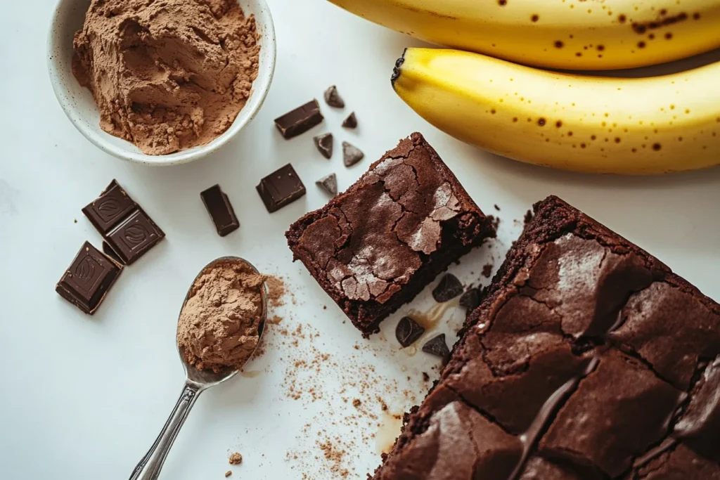 Bananas as Oil Substitute: A Healthier Alternative 22 Freshly baked brownies with a rich texture next to ripe bananas, illustrating the flavor and aroma changes when using bananas as oil substitute