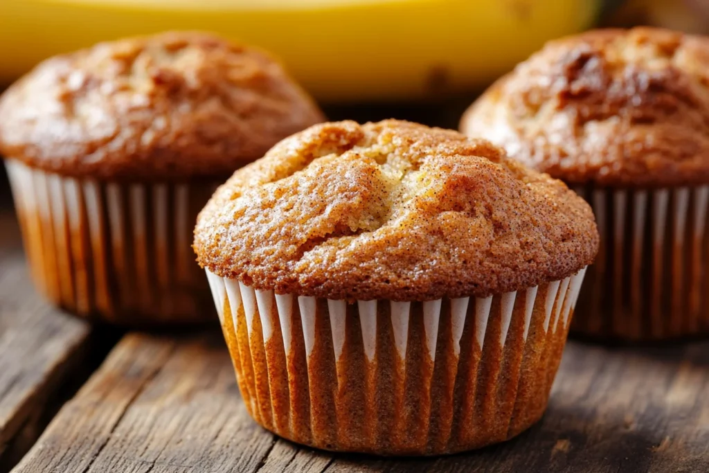 How to Use Bananas as a Substitute for Eggs and Oil in Baking 6 Golden-brown banana muffins with a soft, moist texture, topped with cinnamon and nutmeg, placed on a wooden table with ripe bananas in the background.
