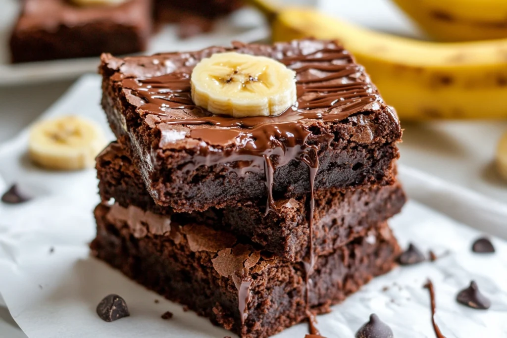Best Classic Banana Brownie Recipe – Moist & Fudgy 7 a stack of brownies with a banana on top