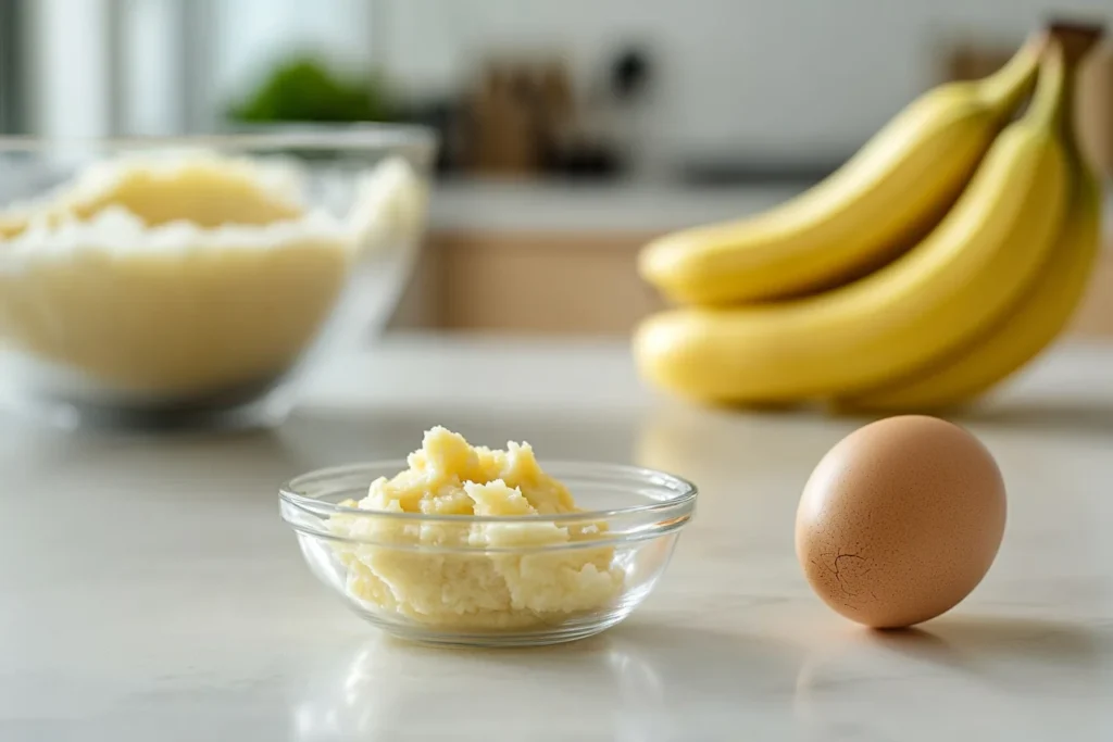 How to Use Bananas as a Substitute for Eggs and Oil in Baking 4 A white modern kitchen countertop displaying ¼ cup of mashed banana in a glass bowl next to a cracked egg, illustrating the standard banana substitute ratio for eggs in baking.