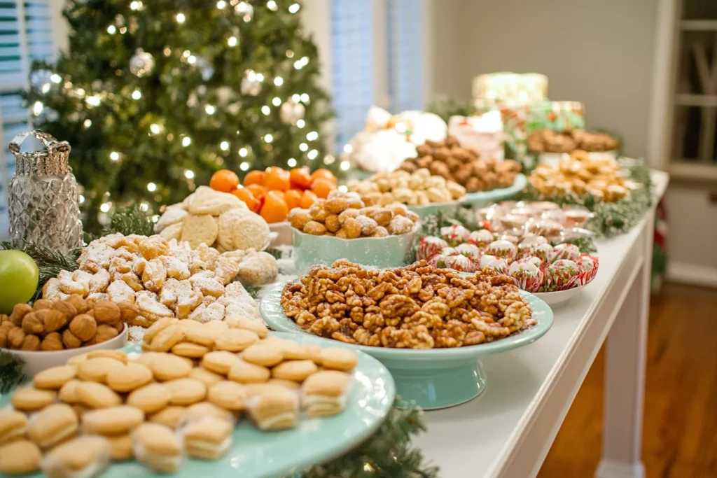 The Best Snacks for Christmas: Sweet and Savory Ideas 2 A warm Christmas gathering where guests share festive snacks from a beautifully arranged table, featuring colorful treats that enhance the holiday mood and bring people together.