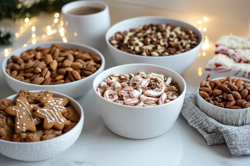 The Best Snacks for Christmas: Sweet and Savory Ideas 4 A festive Christmas snack spread with cookies, peppermint bark, nuts, and cocoa, arranged in holiday-themed bowls with dietary-friendly options, glowing under warm fairy lights.