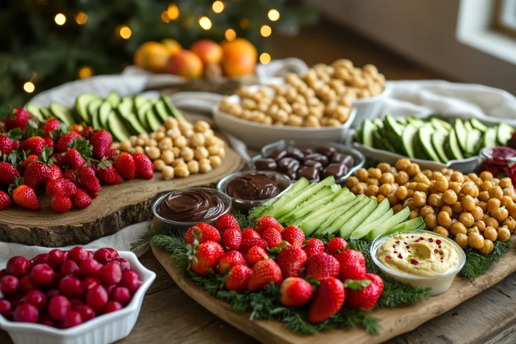 The Best Snacks for Christmas: Sweet and Savory Ideas 7 A healthy Christmas snack display with festive fruit, energy bites, roasted chickpeas, and dark chocolate-dipped strawberries, arranged on a cozy holiday-themed table.