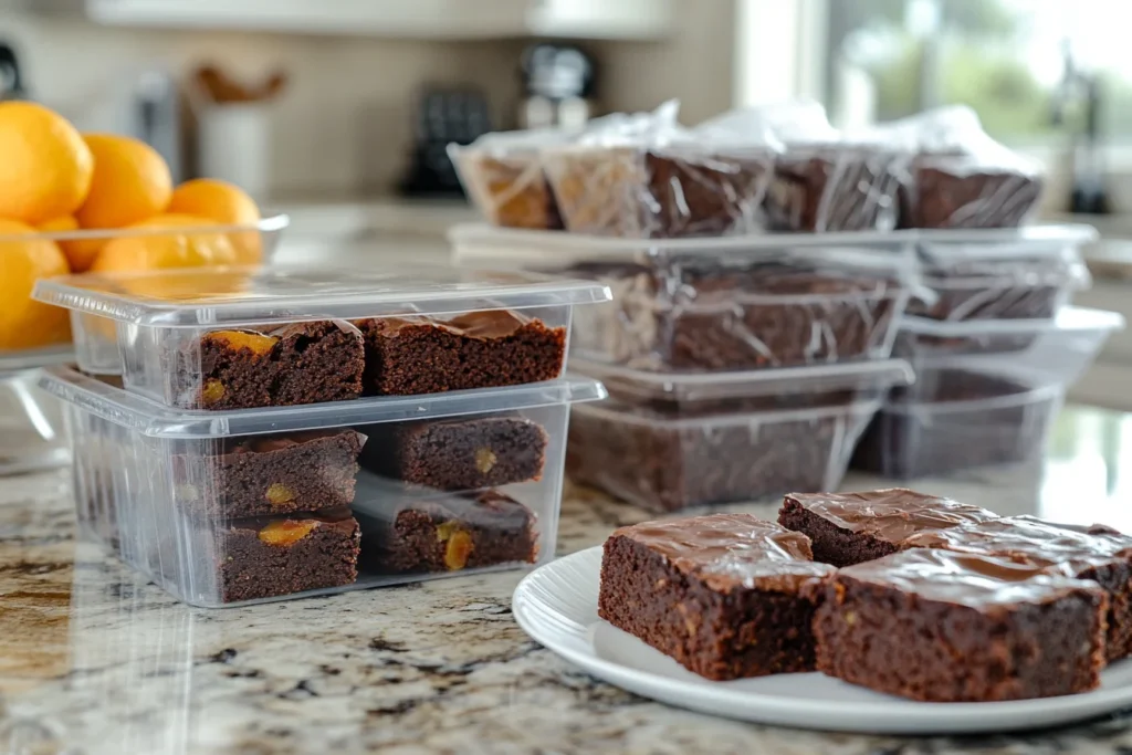Add Fruit to Brownies for More Flavor & Moisture 6 A kitchen counter showcasing proper storage for fruit-infused brownies, including an airtight container for room-temperature storage, a sealed container in the refrigerator for fresh-fruit brownies, and individually wrapped brownies prepared for freezing. A thawing brownie sits on a plate, demonstrating the best ways to preserve texture and flavor.
