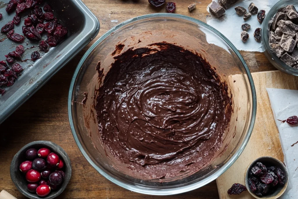 Add Fruit to Brownies for More Flavor & Moisture 4 A bowl of glossy brownie batter being folded with fresh berries and dried fruit. A baker carefully stirs to ensure even distribution, while a prepared baking pan sits nearby. The scene highlights the steps of incorporating fruit into brownies for a moist and flavorful treat.