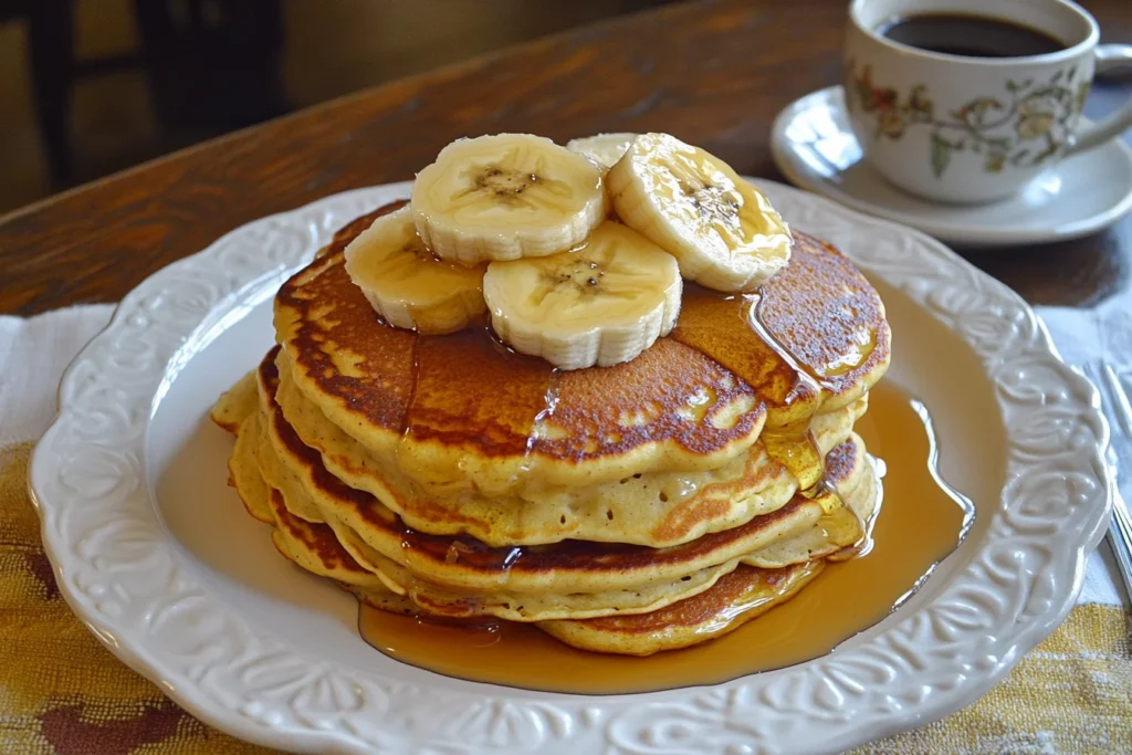 How to Use Bananas as a Substitute for Eggs and Oil in Baking 7 A stack of fluffy banana substitute pancakes with a golden-brown surface, topped with banana slices and maple syrup, served on a white plate with a rustic breakfast setting.