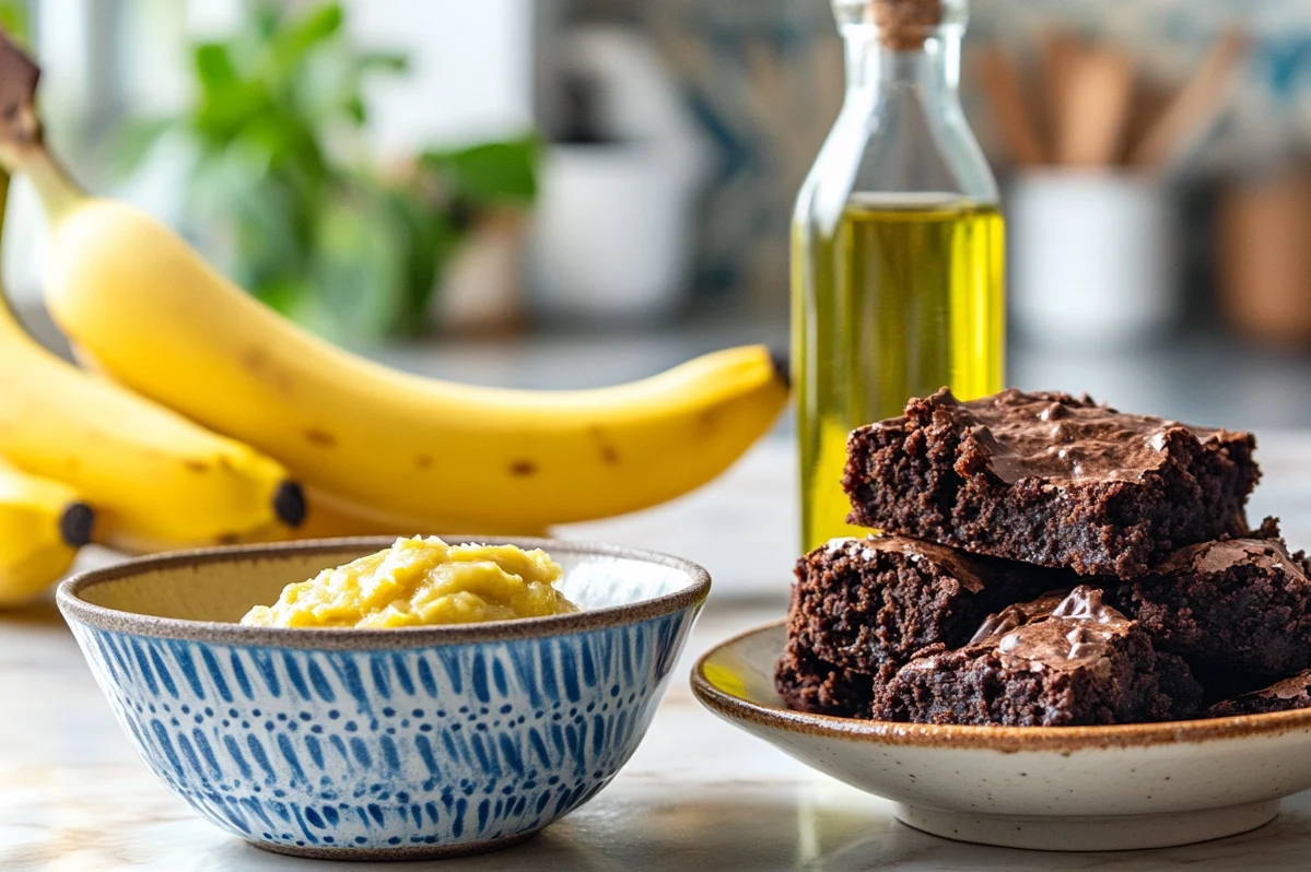 A vibrant comparison display of ingredients showcasing a bowl of mashed bananas, a bottle of oil, and a plate of freshly baked brownies. The mashed bananas are smooth and creamy, the oil bottle is simple and clear, and the brownies look rich and fudgy. The scene is set against a bright, cheerful kitchen backdrop with warm sunlight highlighting the wholesome and health-conscious baking approach