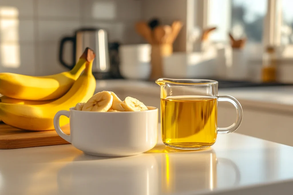 How to Use Bananas as a Substitute for Eggs and Oil in Baking 5 A modern kitchen countertop displaying 1 cup of mashed banana in a glass measuring cup next to a bottle of oil, illustrating the standard banana substitute ratio for oil in baking