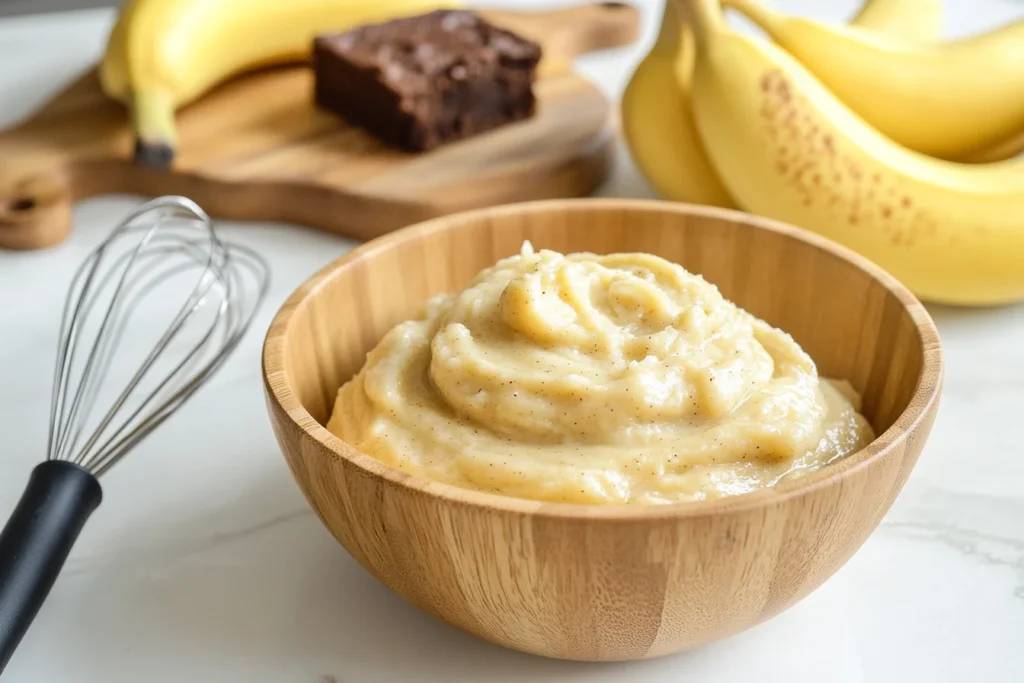 Bananas as Oil Substitute: A Healthier Alternative 21 A wooden mixing bowl filled with mashed bananas sits on a kitchen countertop, Ripe and overripe bananas rest nearby, illustrating their differences, while a whisk and a mixing bowl of brownie batter highlight the blending process for even texture.