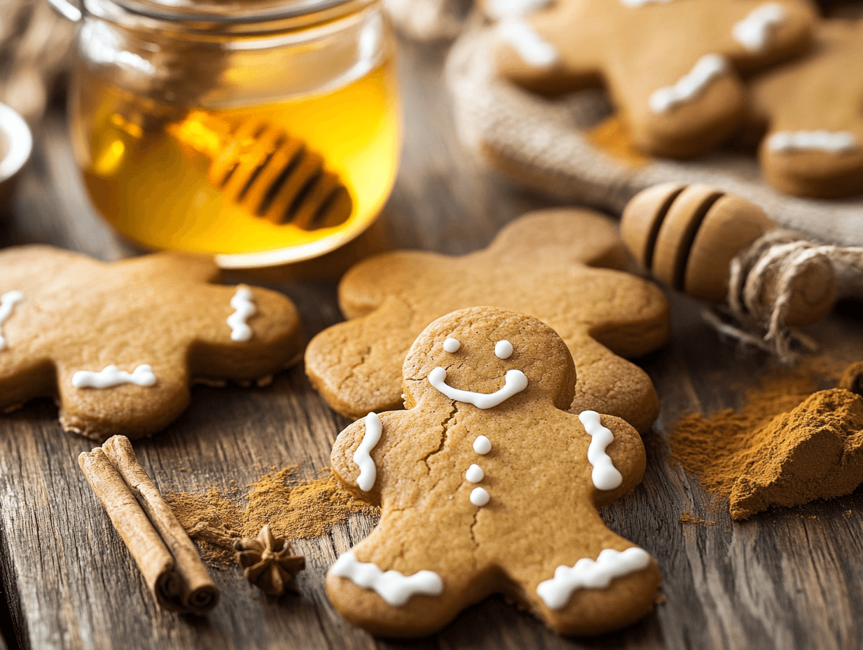 Golden brown gingerbread cookies baked using honey as a substitute, surrounded by a jar of honey, cinnamon sticks, and ginger powder on a wooden table.