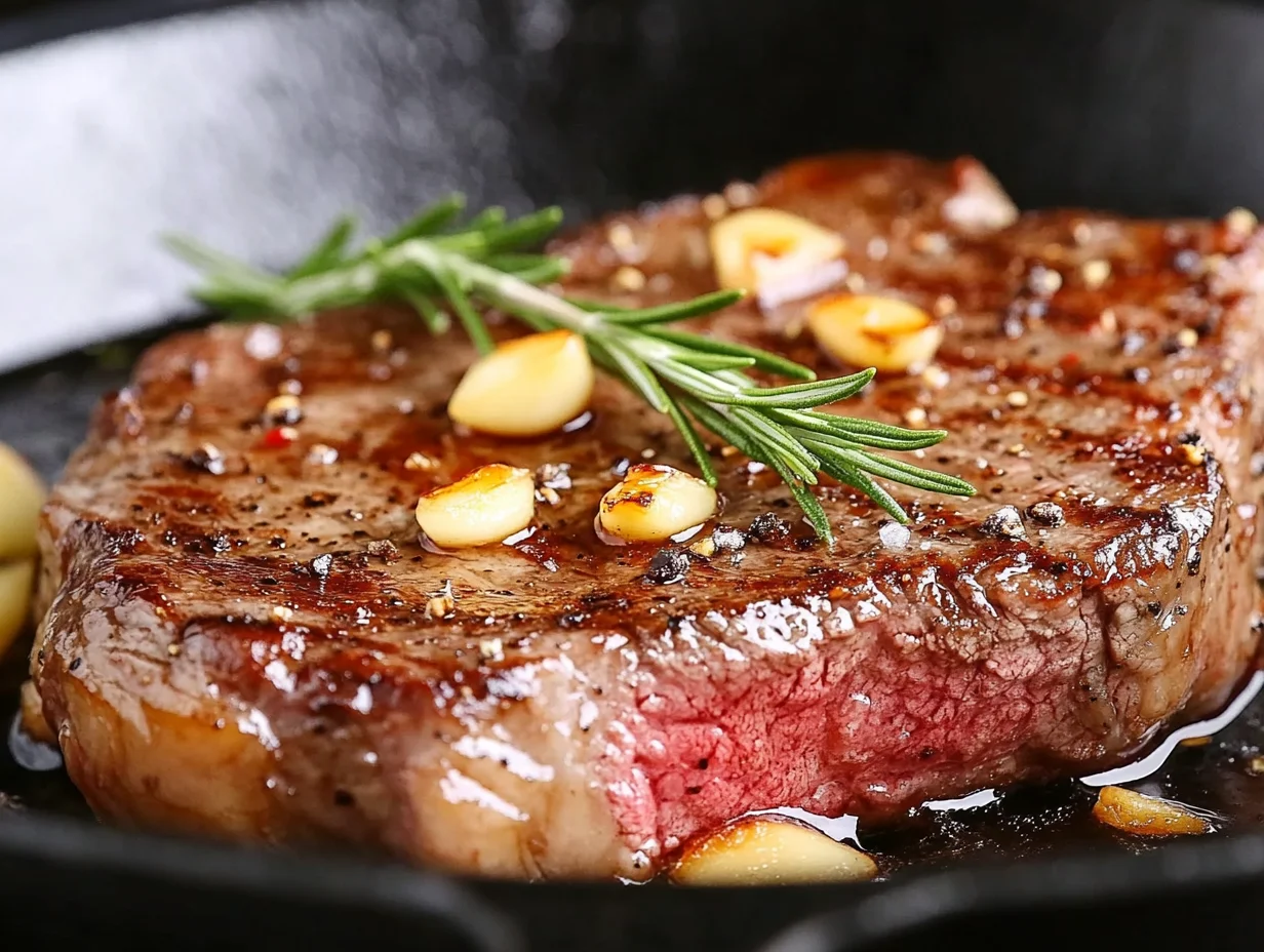 A sizzling ribeye steak in a cast iron skillet with a crispy golden crust, surrounded by melted butter, crushed garlic cloves, and sprigs of rosemary.