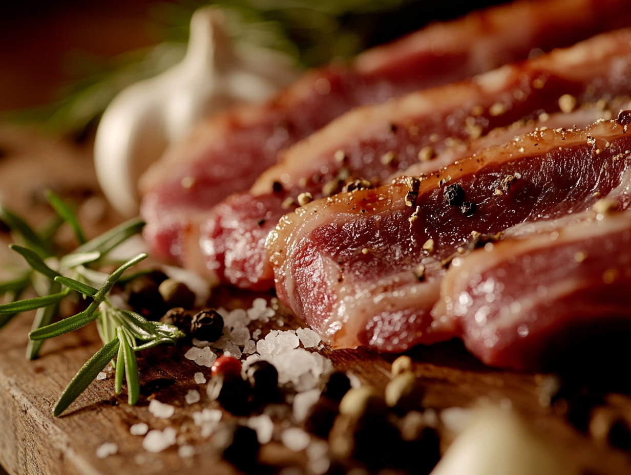 Uncooked beef bacon strips on a wooden butcher's block with garlic, rosemary, and spices.
