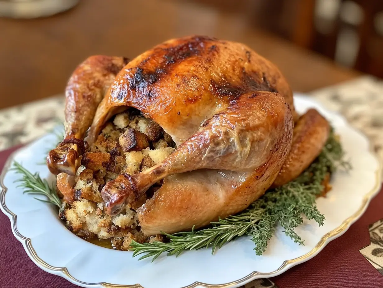 A golden roasted turkey with traditional bread stuffing inside, garnished with rosemary and thyme, surrounded by a festive table setting.