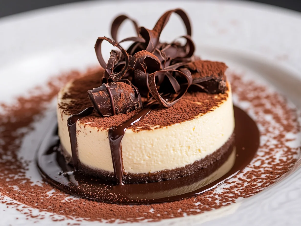 Cheesecake with a glossy chocolate ganache coating and decorative chocolate curls, served on a white plate with a cocoa powder dusting
