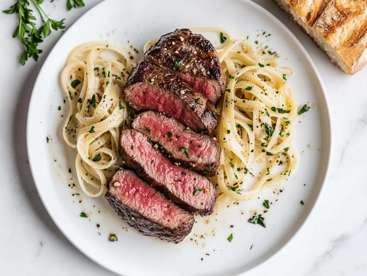 Seared steak strips on garlic butter spaghetti, accented with roasted cherry tomatoes and fresh basil in a stylish ceramic bowl.