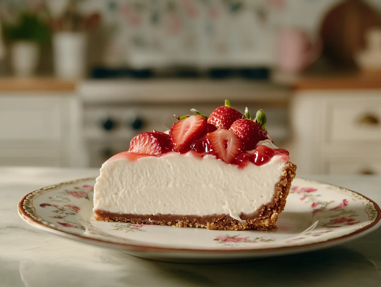 An elegant slice of no-bake cheesecake with a smooth texture and fresh strawberry toppings, served on a vintage dessert plate, with blurred background elements of a cozy kitchen