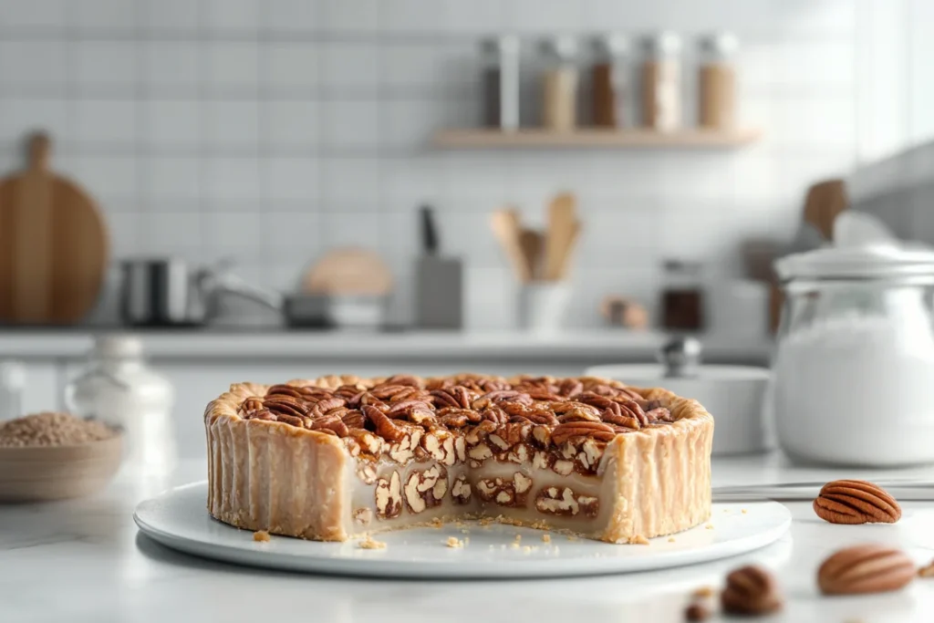 Should pecan pie be jiggly when done? 2 Illustration showing the science behind a jiggly pecan pie with labeled layers and ingredients