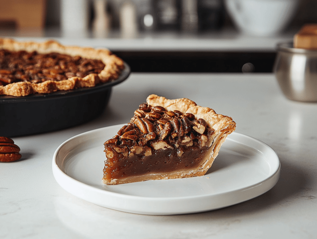 A slice of pecan pie on a white plate