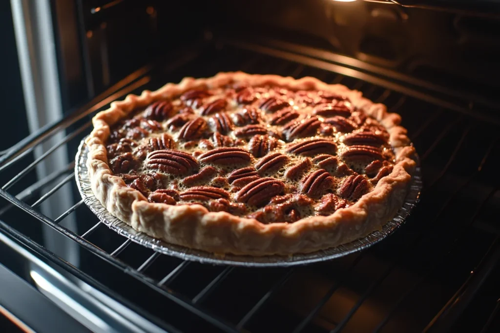 Should pecan pie be jiggly when done? 3 Jiggly pecan pie baking in oven showing heat effects and golden crust formation