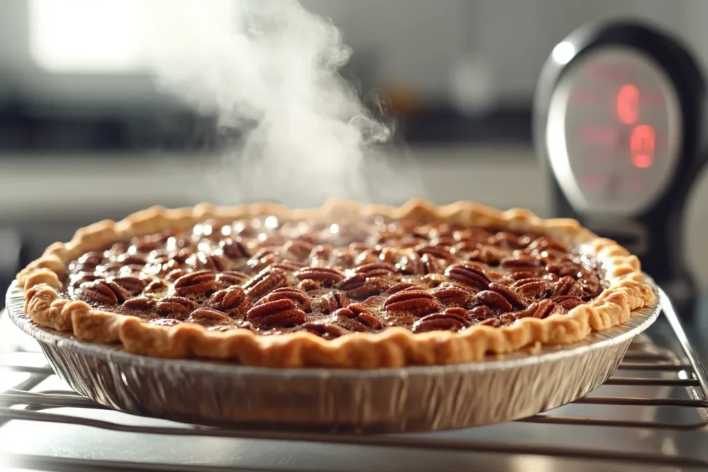 Should pecan pie be jiggly when done? 4 Baker checking doneness of jiggly pecan pie using shake and thermometer test