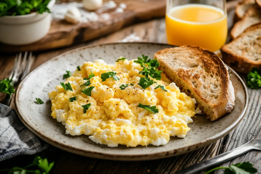 Watery Eggs with Cottage Cheese: Common Mistakes & Easy Fixes 4 A cozy breakfast scene featuring creamy scrambled eggs with cottage cheese, garnished with fresh parsley. The meal is served on a rustic wooden table with a slice of toast and a glass of orange juice, illuminated by warm natural morning light.
