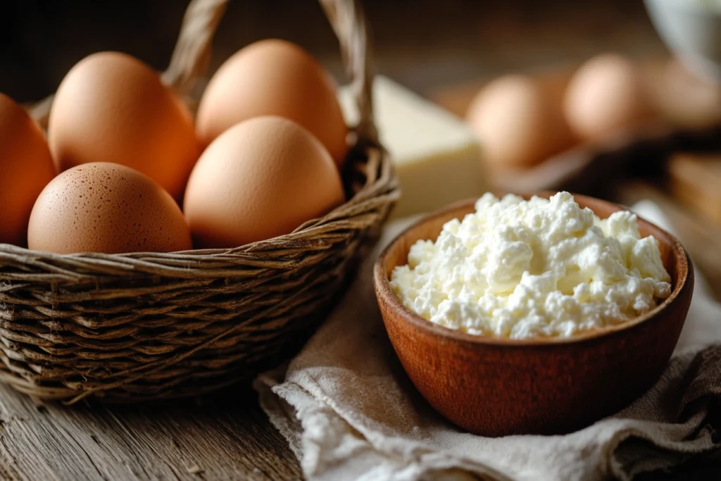 Watery Eggs with Cottage Cheese: Common Mistakes & Easy Fixes 3 A close-up of fresh eggs in a rustic basket, their smooth shells glowing under soft, natural light. Beside them, a small bowl of low-moisture cottage cheese sits on a wooden countertop, the cheese appearing thick and creamy with no visible liquid. The scene conveys freshness and quality, emphasizing the importance of ingredient selection for cooking.