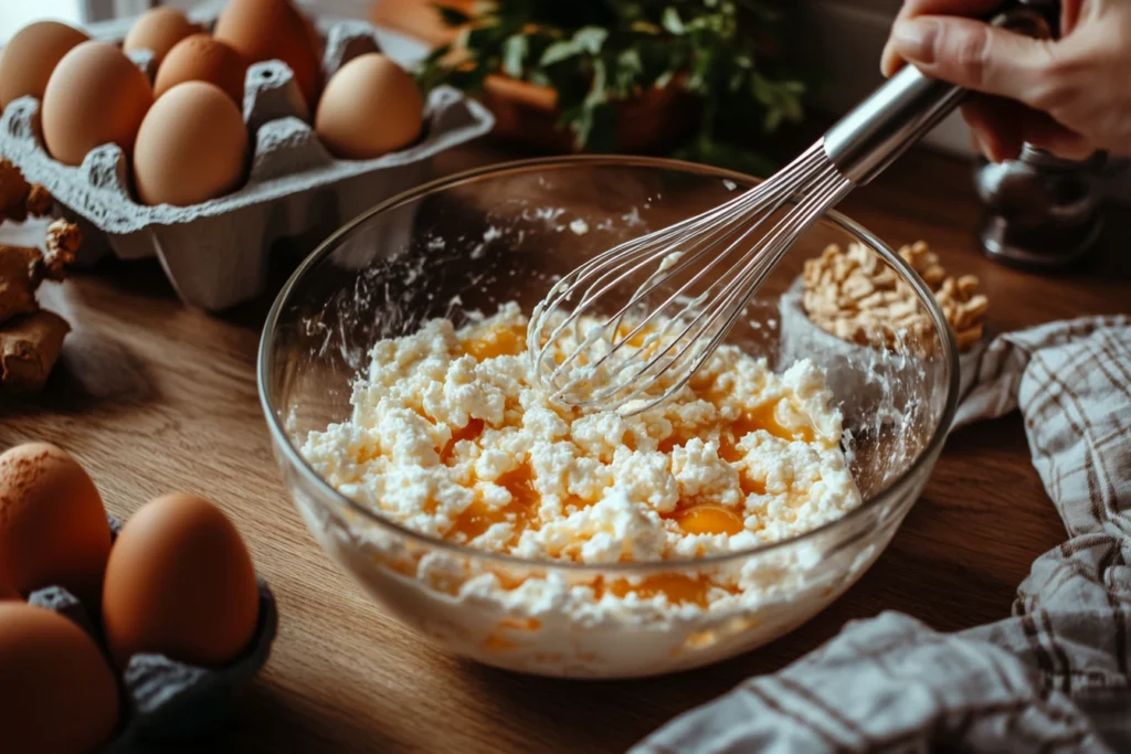Watery Eggs with Cottage Cheese: Common Mistakes & Easy Fixes 2 A close-up of hands whisking a mixture of eggs and cottage cheese in a glass bowl on a well-lit kitchen counter. The mixture appears smooth and slightly frothy, with no visible clumps. A whisk is mid-motion, showing the incorporation of air. Surrounding the bowl are fresh eggs, a container of cottage cheese, and a folded kitchen towel, emphasizing the importance of thorough preparation for a creamy, uniform texture.Watery eggs with cottage cheese