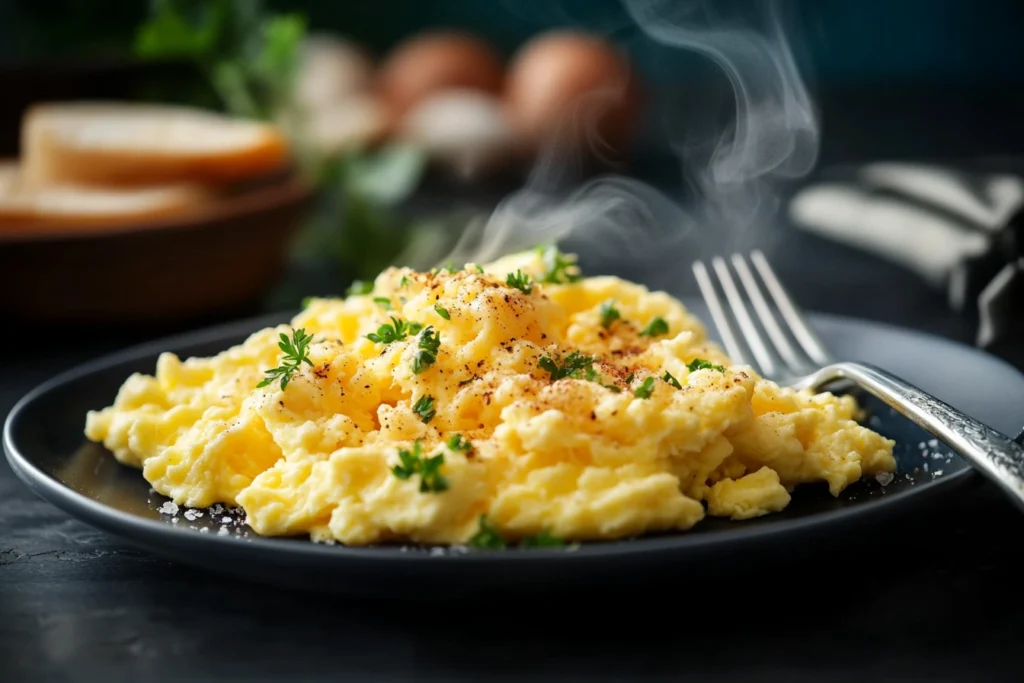 5 Easy Fixes for Watery Scrambled Eggs – Get Perfect Fluffiness! 3 A stovetop with scrambled eggs being gently stirred over low heat, showing the correct cooking method.Watery Scrambled Eggs