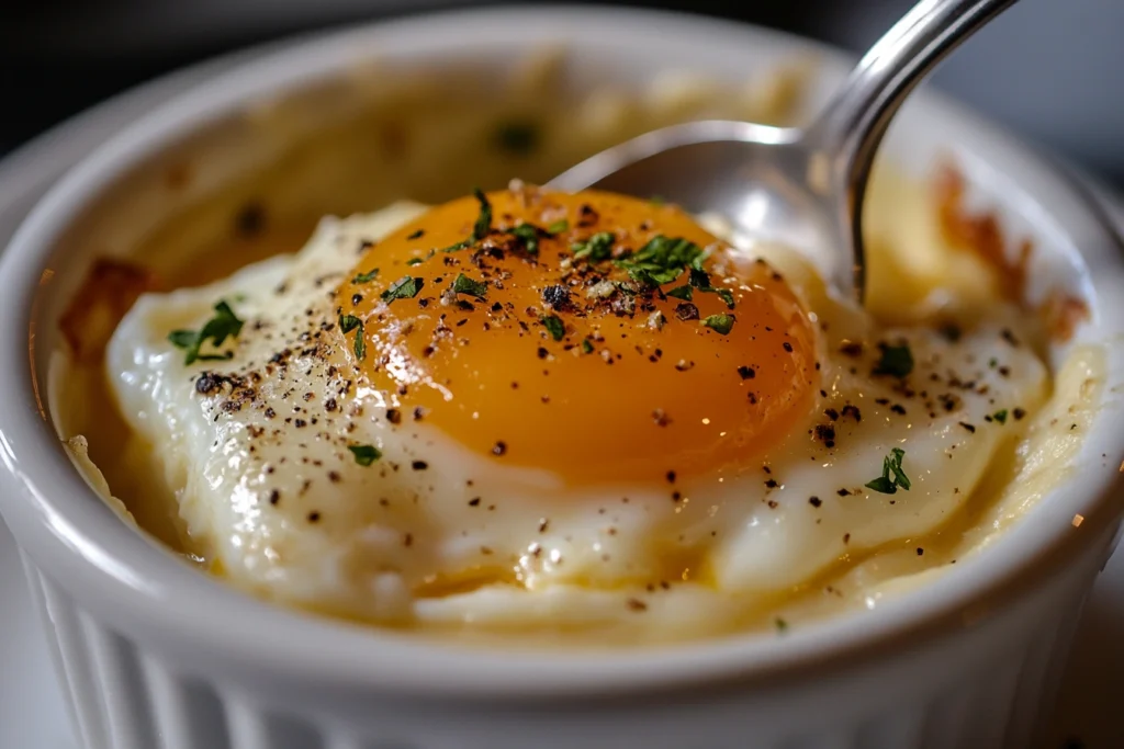 Rubbery Baked Eggs: Causes and Fixes for Perfect Results 4 A warm, inviting shot of a ramekin filled with eggs en cocotte, topped with a drizzle of cream and fresh chives. The slightly jiggly texture of the eggs should be visible, with a spoon gently lifting a bite to showcase the creamy interior.