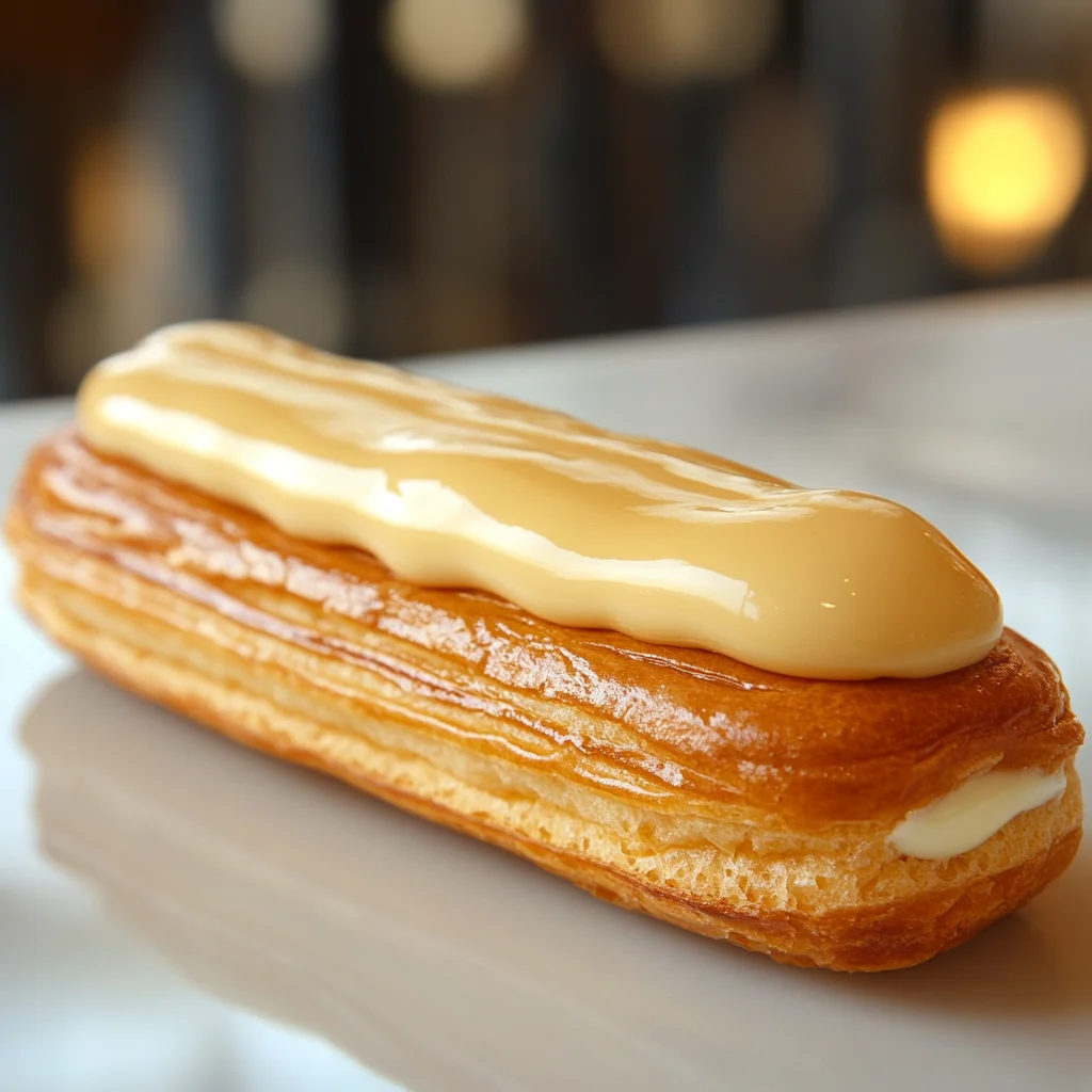A beautifully balanced éclair with light and airy choux pastry, filled with a creamy center and topped with a smooth, glossy glaze. The dessert showcases precise proportions and meticulous assembly, highlighting its elegant texture and rich flavor.