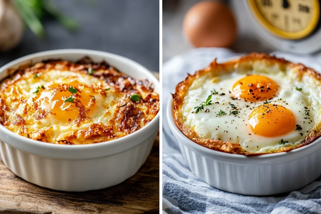 Rubbery Baked Eggs: Causes and Fixes for Perfect Results 3 A side-by-side comparison of two baked egg dishes: one with a smooth, creamy texture and another with a tough, rubbery consistency. The overcooked egg has a cracked, dry surface and a firm, bouncy texture, while the properly cooked egg appears moist and delicate.