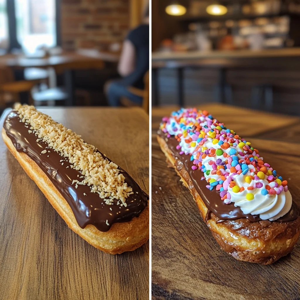 Side-by-side éclairs showcasing the difference between a traditional French éclair with a refined chocolate glaze and minimalist design, and a modern version with vibrant toppings and a larger size, placed on a rustic wooden table in soft, natural lighting