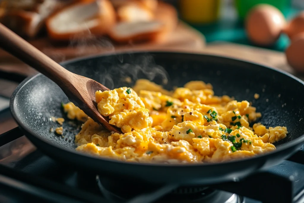 5 Easy Fixes for Watery Scrambled Eggs – Get Perfect Fluffiness! 2 A stovetop with scrambled eggs being gently stirred over low heat, showing the correct cooking method.