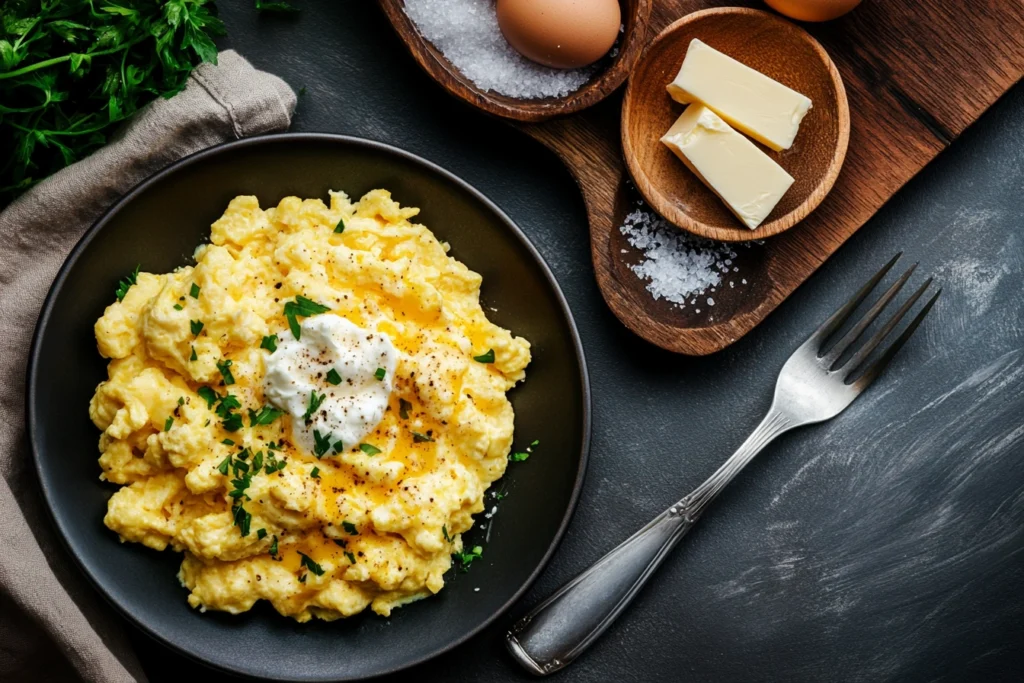 The Best Secret Ingredient for Scrambled Eggs (Chef’s Choice!) 5 A top-down view of various secret ingredients (crème fraîche, butter, and sparkling water) next to a plate of scrambled eggs.