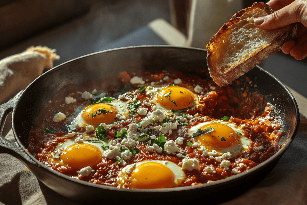 Rubbery Baked Eggs: Causes and Fixes for Perfect Results 5 A vibrant, steaming skillet of shakshuka with eggs nestled in a rich tomato sauce, garnished with chopped parsley and crumbled feta. A hand holding a piece of crusty bread dips into the sauce, emphasizing the dish's heartiness.