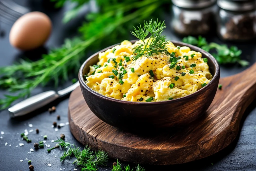 The Best Secret Ingredient for Scrambled Eggs (Chef’s Choice!) 4 A wooden board with fresh herbs (dill, chives, and parsley) and a small bowl of seasoned scrambled eggs garnished on top.