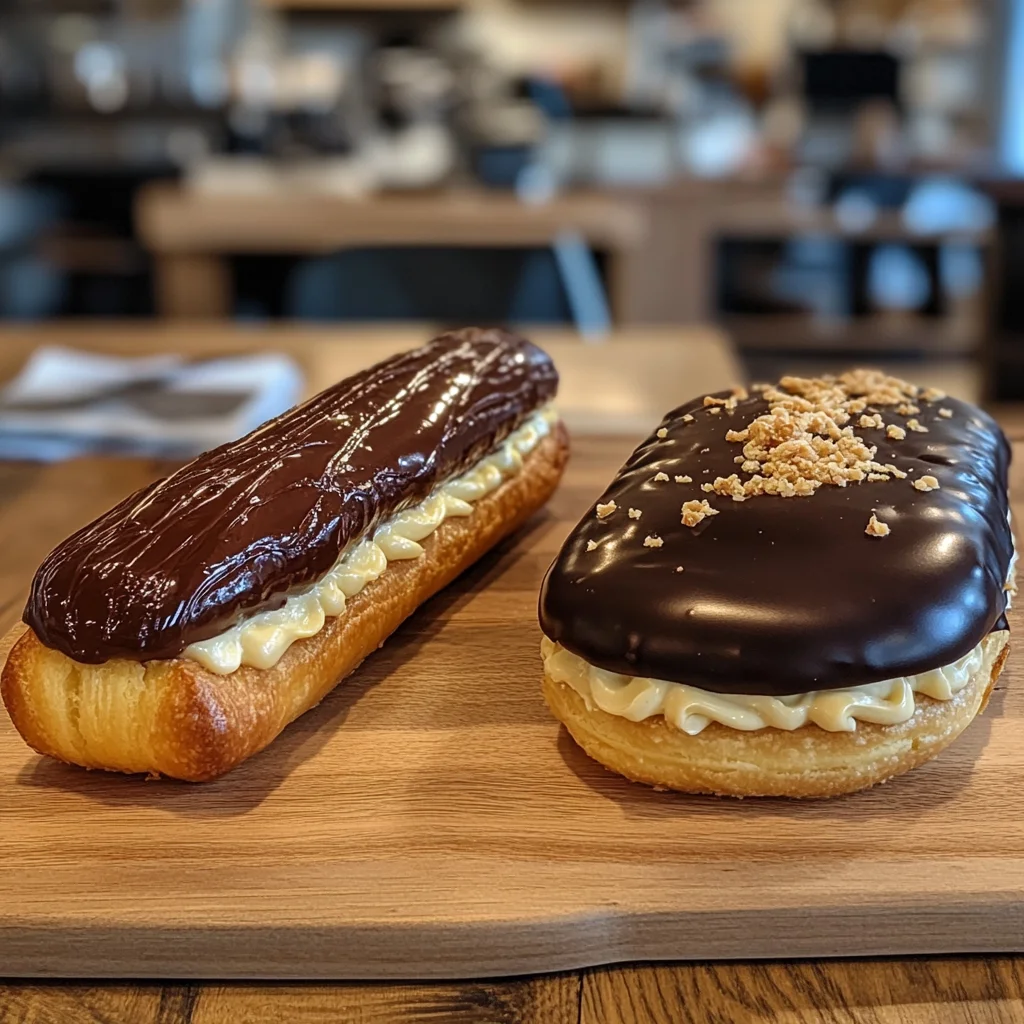 A side-by-side display of a chocolate éclair and a Boston cream pie on a wooden table. The éclair is elongated with a glossy chocolate glaze and creamy filling, while the Boston cream pie is round with layers of sponge cake, custard, and ganache, representing their distinct styles and cultural origins.