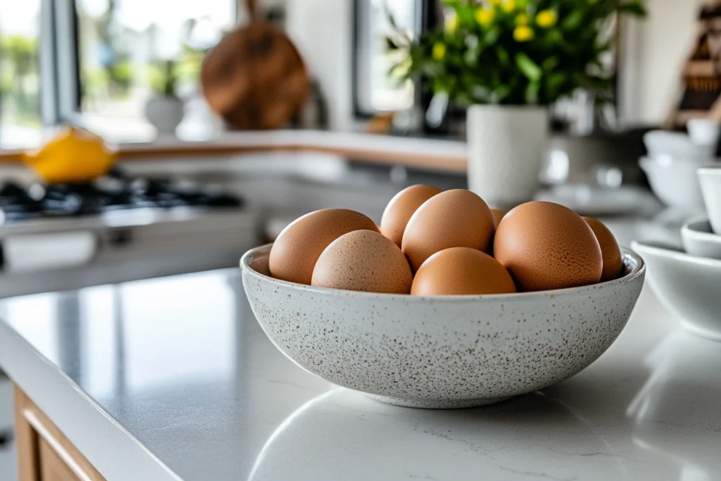 8 Essential Facts About Liquid Eggs: Everything You Need to Know 3 an bowl containing six eggs. on white countertop in a modern kitchen