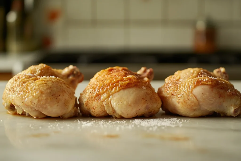 Salting Chicken Skin Crispy: The Secret to Golden Crunch 7 Three chicken pieces showing different salting results: one over-salted and dry, one under-salted and soft, and one perfectly salted with golden, crispy skin.