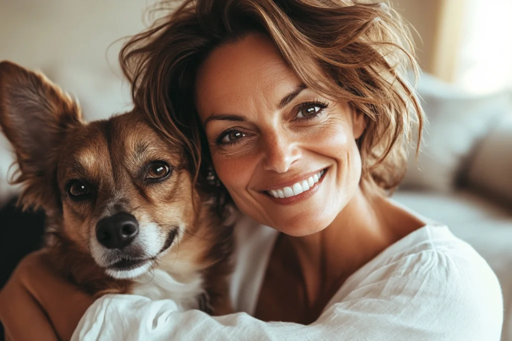 About Me 1 happy dog owner and her pet. in the living room in a modern house, giving a cozy and inviting atmosphere. realistic, high detail,