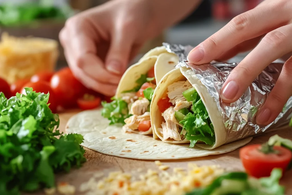 The Ultimate Guide to Chicken Tacos: Recipes, Variations & Tips 5 Hands demonstrating various chicken taco wrapping techniques, including folded tortillas, parchment paper wrapping, and foil wrapping, to prevent mess.